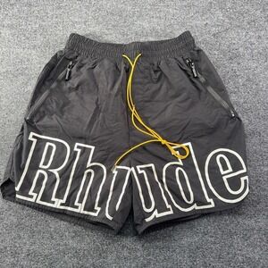 Rhude Mens Logo Swim Trunks Black Yellow Drawstring Nylon Shorts Pockets EUC